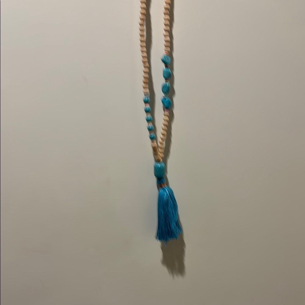 Beige and Blue Beaded Necklace with Tassel